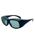 Professional Industrial Safety Goggles Featuring Wide Spectrum Coverage And Thick Absorbing Mineral Glass Lens Built Dead Tough For All Day Grinds On Harsh Job Sites - side view of navy safety goggles with thick lenses.