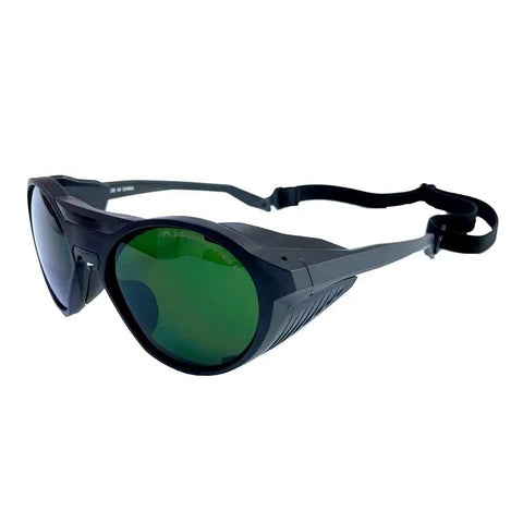 Top Tier IPL Safety Glasses Featuring A Snug Elastic Band For Smooth Laser Hair Removal And Salon Ready Cosmetic Treatments Straight Up High Optical Density Shield Pack Of Five, black polycarbonate design with green lenses.