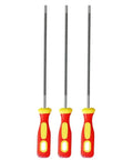 Three Round Chainsaw File Kit For Sharpening Chains, Includes 4mm 4.8mm And 5.5mm High Carbon Steel Files, Portable Woodworking Saw Chain Maintenance With Plastic Handle, showing three files with red and yellow handles