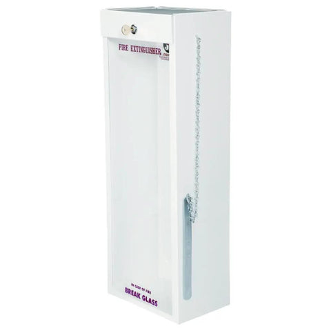 Rock Solid Metal Fire Extinguisher Cabinet Fits 2.5 Gallon Stainless Steel Water Pressure Extinguisher With Breakable Glass Door And Key Lock For Indoor Outdoor Wall Mount Security White, side view.