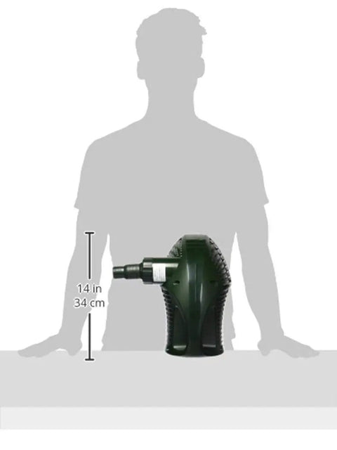 No-Nonsense Debris-Handling Pond Pump For Waterfalls And Streams displayed on table, 14-inch height, silhouettes nearby