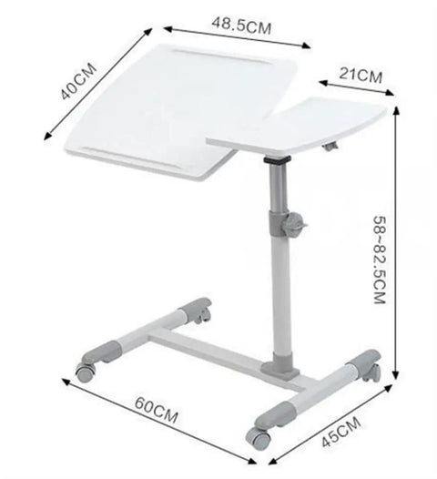 Smooth Rolling Tilt Top Height Adjustable Standing Desk With Heavy Duty Carbon Steel Frame And Locking Wheels For Seamless Over Bed Workstations And Lowkey Productive Home Office Vibes dimensions shown with a white tabletop and grey frame.