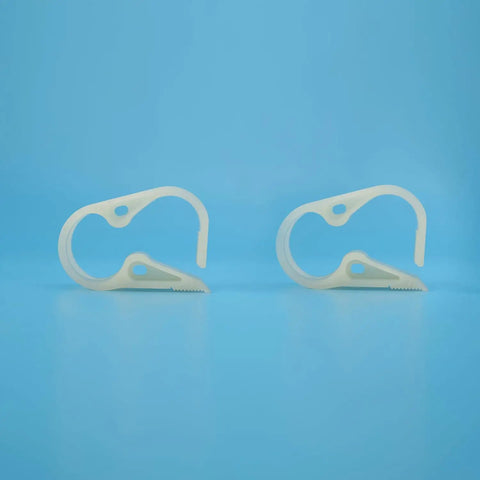Two white 50 Pack Adjustable Flow Control Tube Clamps For One Quarter To One Half Inch Hoses, Reinforced Nylon PA Clamp on blue background.