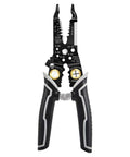 Front view of multifunctional wire cutter and stripper 9-in-1 tool for stripping cutting crimping and cable work, high-carbon steel pliers.