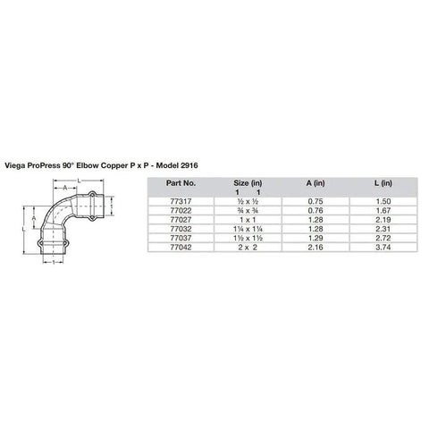 Diagram of ProPress Zero Lead Copper 90 Degree Elbow One Half Inch P X P 10 Pack dimensions and size specifications.