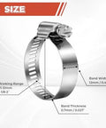 24 Pack 1 1/8 To 2 Inch Worm Gear Hose Clamps Adjustable Range 27-51mm 304 Stainless Steel Durable Corrosion Resistant Hose Clamps For Pipe Plumbing Automotive Marine Industrial Applications And Mechanical Equipment displayed with size measurements.