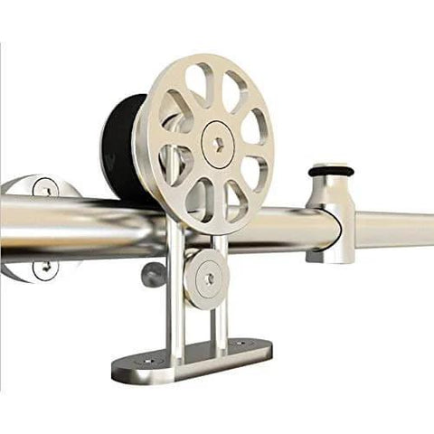 Beefy Stainless Steel Sliding Athletic Door Hardware Kit visible with satin steel rollers and spacers close-up view.