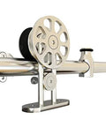 Close-up of Fortune Stainless Steel Sliding Barn Door Hardware Kit with satin finish and quiet rollers