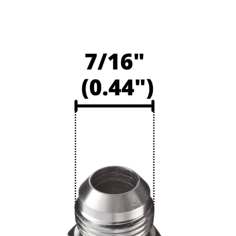Close-up of 7/16 inch hydraulic fitting for 1/4 JIC SAE ORB hydraulic elbow, showing 0.44 inch diameter measurement.