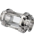 Angled front view of Beduan stainless steel in-line sight glass with tri-clamp ends, 2-inch.