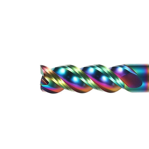 Carbide square end mill for aluminum with 1/2-inch shank, rainbow DLC coating, 3-flute, 3'' OAL
