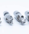 Beefy Single End 2 Flute End Mill Set, 6 Pieces, 3/8 Inch Shank, High Speed Steel, Center Cutting, With Plastic Stand, Includes Milling Diameters Of 1/8, 3/16, 1/4, 5/16, 3/8, 1/2 Inch displayed on white background