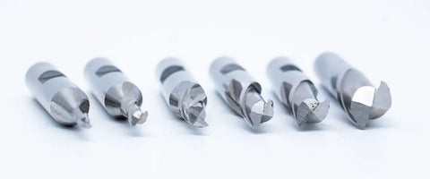 Beefy Single End 2 Flute End Mill Set, 6 Pieces, 3/8 Inch Shank, High Speed Steel, Center Cutting, With Plastic Stand, Includes Milling Diameters Of 1/8, 3/16, 1/4, 5/16, 3/8, 1/2 Inch displayed on white background