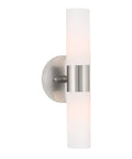 Modern 14 Inch Two Light Wall Sconce In Brushed Nickel Finish With Frosted Glass Cylinder Shades, mounted vertically on wall