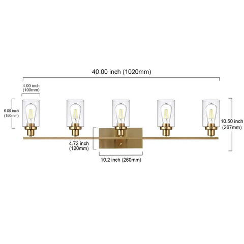 Dimensions of Cool Five Light Brushed Brass Vanity Light Fixture With Clear Glass Shades For Bathroom Wall Sconce Dimmable.