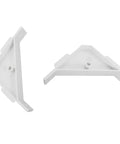 Dead Simple Twelve Piece Set Of Crisp White Plastic Ninety Degree Cabinet Triangle Brackets Knockout Corner Support Braces For Furniture And Quick Fixups - two white triangle brackets.