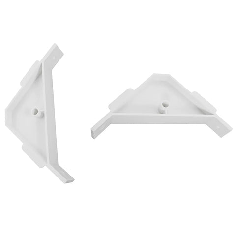 Dead Simple Twelve Piece Set Of Crisp White Plastic Ninety Degree Cabinet Triangle Brackets Knockout Corner Support Braces For Furniture And Quick Fixups - two white triangle brackets.
