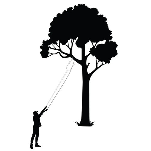 Silhouette of arborist using Rope Sniper Pro Arborist Tool For Effortless Rope Placement And Laser Sharp Precision On Challenging Jobs From Height To Window Sills A Real Time Saver For Pros And A Game Changer Who Value Speed And Safety In Rigging on tall tree.