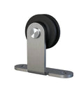 Brushed Nickel Sliding Barn Door Hardware Kit With Flat Track And Top Mounted Rollers side view, carbon steel construction.
