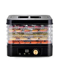 Heavy Duty Five Tier Electric Food Dehydrator With Bright Digital Screen And Temperature Control Timer For Preserving Veggies Herbs Jerky Meat Straight Up Fresh For Your Daily Grind with colorful fruits on trays.
