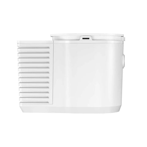 Top Tier One Liter Countertop Milk Chiller For Espresso Makers With Integrated Digital Scale And Peltier Cooling Tech, side view in clean white.