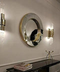 Modern Glass Crystal Wall Sconces, Versatile Bedroom Bedside Lamps And Hallway Light Fixtures Delivering Glare Free Eye Comfort, Effortless Decorative Illumination To Amp Up Your Cozy Space Vibes, installed beside a round mirror.