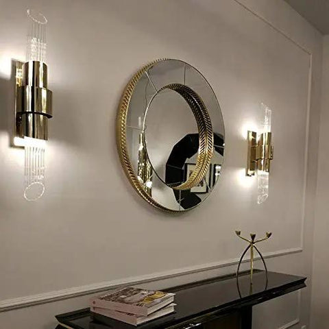 Modern Glass Crystal Wall Sconces, Versatile Bedroom Bedside Lamps And Hallway Light Fixtures Delivering Glare Free Eye Comfort, Effortless Decorative Illumination To Amp Up Your Cozy Space Vibes, installed beside a round mirror.