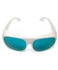 Straight Up Tough Laser Safety Glasses For Red Beam Work Featuring Od6 Plus Filter And Dir Lb5 Rating Across 620 To 700 Nm Range view of white frame with blue lenses