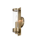 Castleton Antique Brass 1 Light ADA Wall Sconce with Clear Glass Cylinder, side view showing antique brass and clear glass.