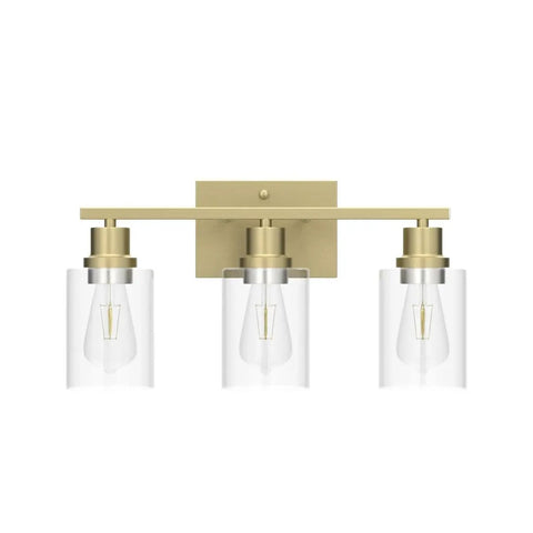 Three-Light Vanity Light With Clear Glass Shades In Brushed Brass Finish Wall Sconce for bathroom, 16.54" wide