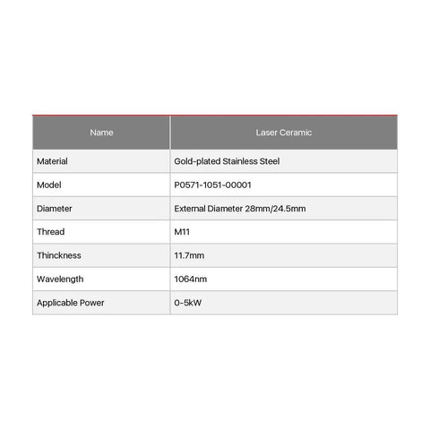 Specifications sheet for Ceramic Ring Nozzle Set 28mm Diameter For Fiber Laser Cutting Head detailing materials, size, and power range.