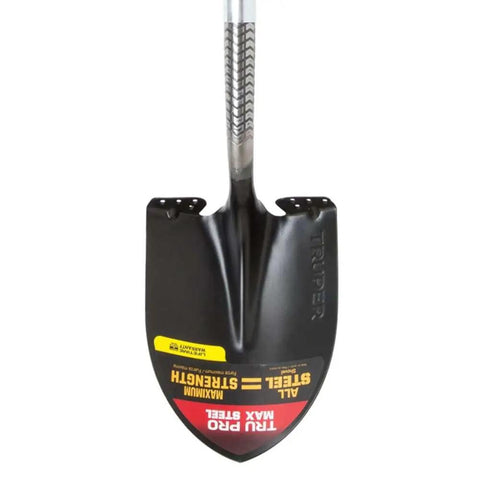Heavy Duty Pro Steel Round Point Shovel With 58 Inch Long Handle And 8.75 Inch Wide Scoop, Close-Up of Steel Head