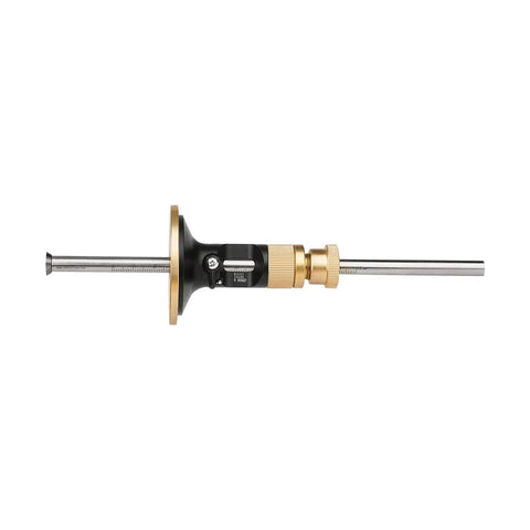 Solid Brass Wheel Marking Gauge Kit Featuring Metric Micro Adjuster Ruler And Hardened Steel Cutter side view showing precision components.