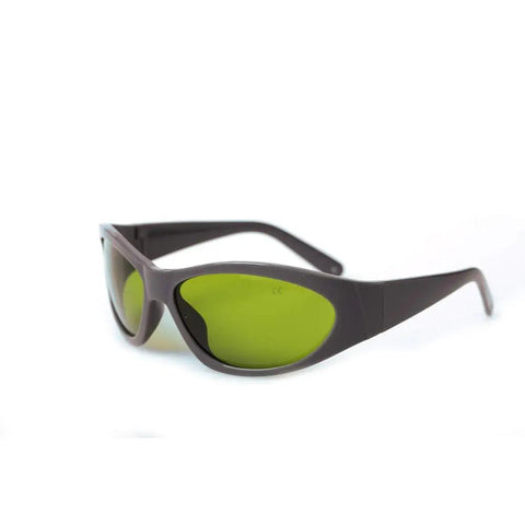 Professional Grade 1064Nm Laser Safety Glasses For High Power Nd Yag Semiconductor Engineering Workshops With Dope Infrared Blocking Optics and Kickin Wide Side Shielding, shown at an angle with green lenses.