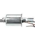 Universal Inline Diesel Fuel Pump For 12V Systems With OE Quality Durability And Extreme Temperature Tolerance From Minus 32 Celsius To Plus 65 Celsius Built For Heavy Duty Use And Beefed Up Aftermarket Replacement For Reliable Fuel Delivery, metal body, side view