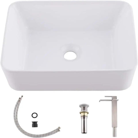 Vessel Sink With Faucet And Drain Combo 16x12 Inch Above Counter Porcelain Ceramic White Vanity Sink with installation components shown.