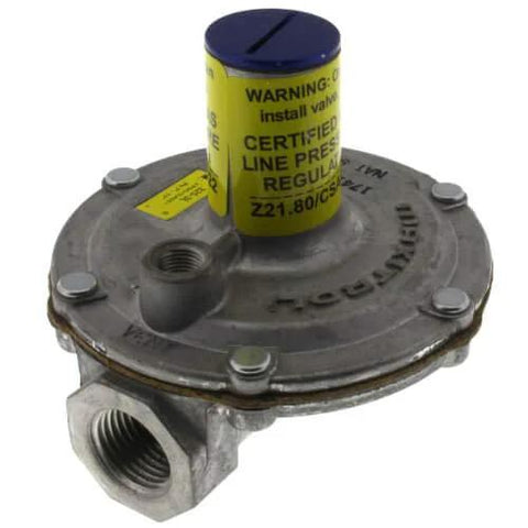 Gas pressure regulator, metal body with yellow cap and blue top, threaded inlet/outlet, Amazon brand