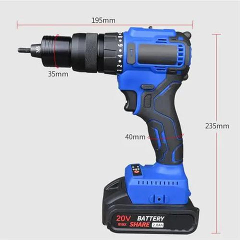 Electric Cordless Rivet Nut Gun With Brushless Motor And 4000 Mah Battery, showing side view and dimensions for easy reference.