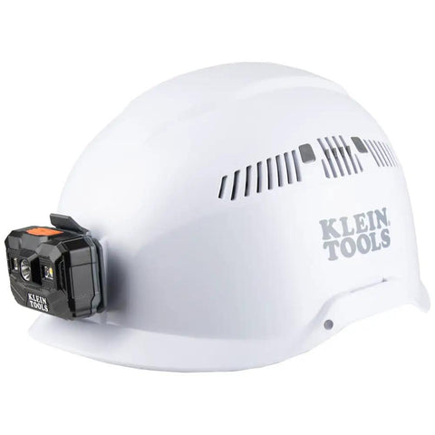 White vented safety helmet with rechargeable headlamp for at height and confined space work lightweight hard hat with mounts