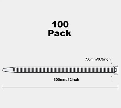 Heavy Duty 12 Inch Cable Ties Pack of 100 Black Nylon 6/6 UV Resistant 120 Lb Tensile Strength 0.30 Inch Wide For Cable Management DIY Projects Office Workshop and Events diagram with dimensions