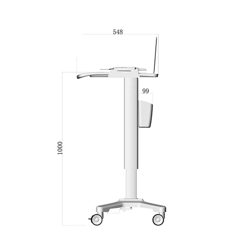 Totally Slick Rolling Adjustable Standing Desk Trolley With Tilting Laptop Workstation Cart side view showing height and wheels.