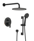 Shower Faucet System, 10-Inch Round Head, 5-Spray Handheld, Matte Black with wall-mount arm and diverter.