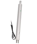Heavy Duty 12V Tubular Electric Linear Actuator With Planetary Gear Reduction And Tough As Nails Aluminum Housing For IP67 Waterproof High Speed 200mm Stroke Operation Offering Plug And Play Rv Install Or Industrial Setup Straight Up Reliable Performance, silver tubular design with wires.