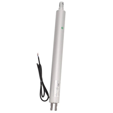 Heavy Duty 12V Tubular Electric Linear Actuator With Planetary Gear Reduction And Tough As Nails Aluminum Housing For IP67 Waterproof High Speed 200mm Stroke Operation Offering Plug And Play Rv Install Or Industrial Setup Straight Up Reliable Performance, silver tubular design with wires.
