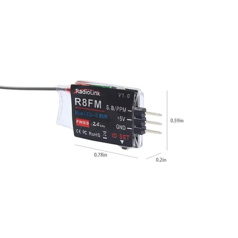 R8FM 8 Channel 2.4GHz Micro RC Receiver with SBUS PPM Output showing dimensions for mini FPV racing drones