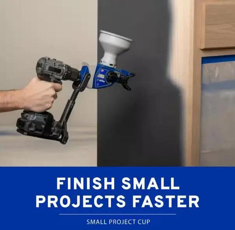 Portable Cordless Drill Connect Paint Sprayer Featuring A Compact Application Cup And High Pressure Output For Fast Wood Staining And Indoor Finishing Jobs That Knock Out Chores Like A Champ, handheld with application cup.