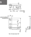 Stainless steel damping hinge with adjustable torque stop; DTB front and side views with mounting holes (1 pc)