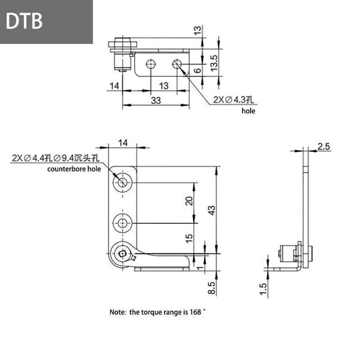 Stainless steel damping hinge with adjustable torque stop; DTB front and side views with mounting holes (1 pc)