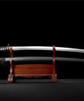 1095 Steel Japanese Odachi Long Sword With Iron Tsuba, Full Tang, Badass Battle Ready Sharp Edge on wooden stand, 35.4 Inch Blade