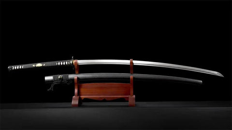 1095 Steel Japanese Odachi Long Sword With Iron Tsuba, Full Tang, Badass Battle Ready Sharp Edge on wooden stand, 35.4 Inch Blade
